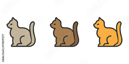 Set of three stylized sitting cat icons in different colors (grey, brown, and orange). Great for use in projects about felines, pet adoption, veterinary clinics, or animal rescue.
