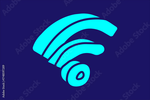 The image shows a minimalist illustration of a Wi-Fi signal icon. The symbol consists of three curved lines radiating from a central circle, all in bright cyan color with dark blue outlines.