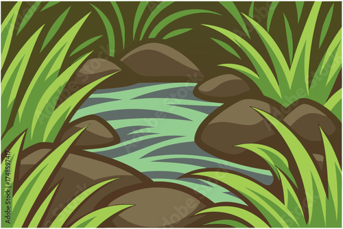 Cartoon illustration of a small stream flowing between rocks and tall grass