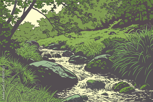Stylized illustration of a forest stream flowing over rocks with lush green foliage
