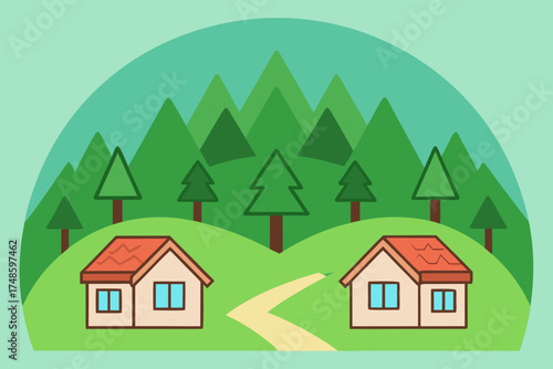 Two cartoon houses nestled in a green landscape with mountains and trees