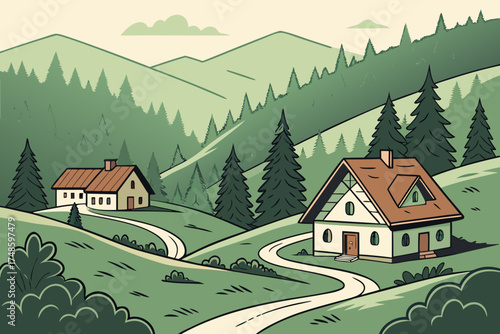 Charming houses nestled in a lush green mountain landscape with winding paths