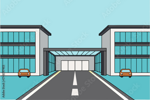 Modern office buildings with driveway and cars illustration