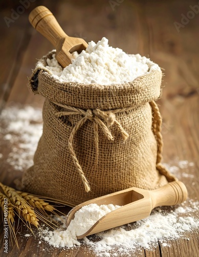 A burlap bag filled with flour, wooden scoop, and wheat