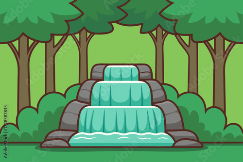 Cartoon waterfall cascading down rocks surrounded by trees and bushes