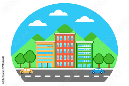 Cartoon cityscape with colorful buildings trees cars and mountains