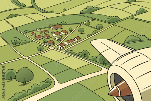 Airplane view of a quaint village nestled in rolling green farmland