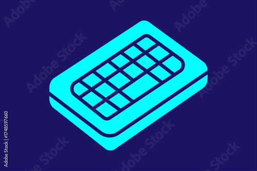The image depicts a stylized illustration of a computer keyboard in bright turquoise color set against a dark blue background.