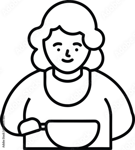 Senior woman cooking with bowl and spoon line icon on white background kitchen food preparation