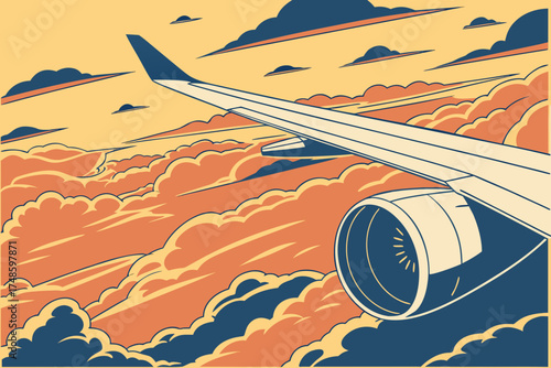 Airplane wing and engine flying over dramatic clouds at sunset