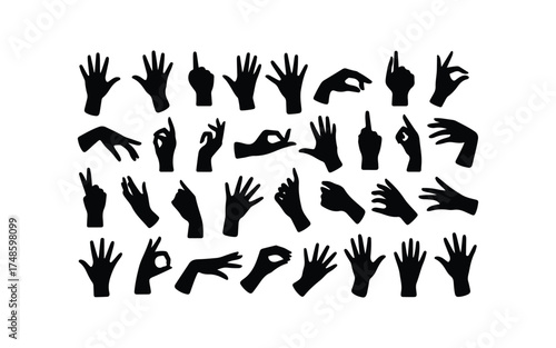 Hand vector silhouette, detailed hand gestures, positions, signs. Ideal arm, hands for illustrations, logos, icons. High quality graphics showcasing human interaction, expression