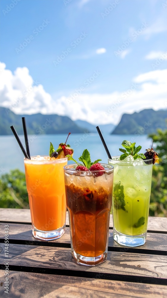 Fototapeta premium Three colorful cocktails on a wooden table overlooking a lake