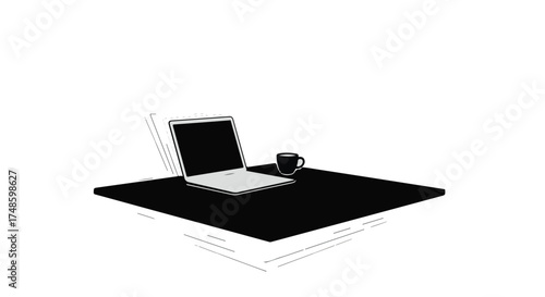 Minimalist workspace with open laptop and coffee cup on a black desk, ready for productivity.