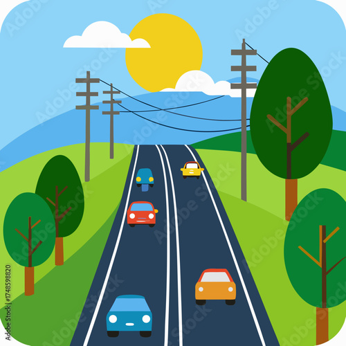 Busy highway with multiple cars and a bright sun Keywords: road, highway, street, driving, car