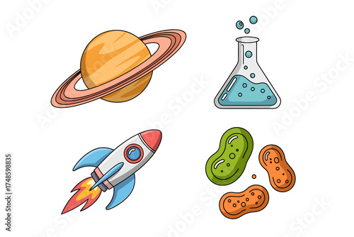 Science and Space Themed Illustration with Saturn Rocket Beaker and Bacteria on White Background for Education