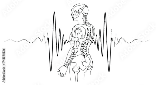 Futuristic cyborg body with neural network and vital signs wave
