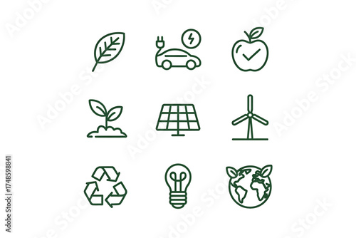 Eco friendly icons demonstrating green energy and environmental protection for sustainable future development and ecological solutions