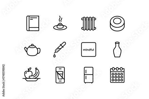 Minimalist Line Art Icons Set representing diverse aspects of Daily Life and Wellness featuring Food and Household Objects