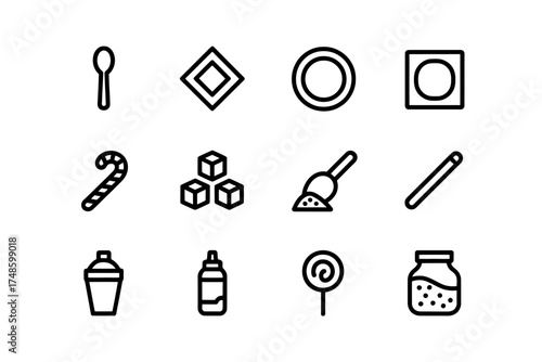 Sugar Icon Set Outline Style Representing Spoon Candy Cubes and Sweeteners for Food and Beverage Concepts