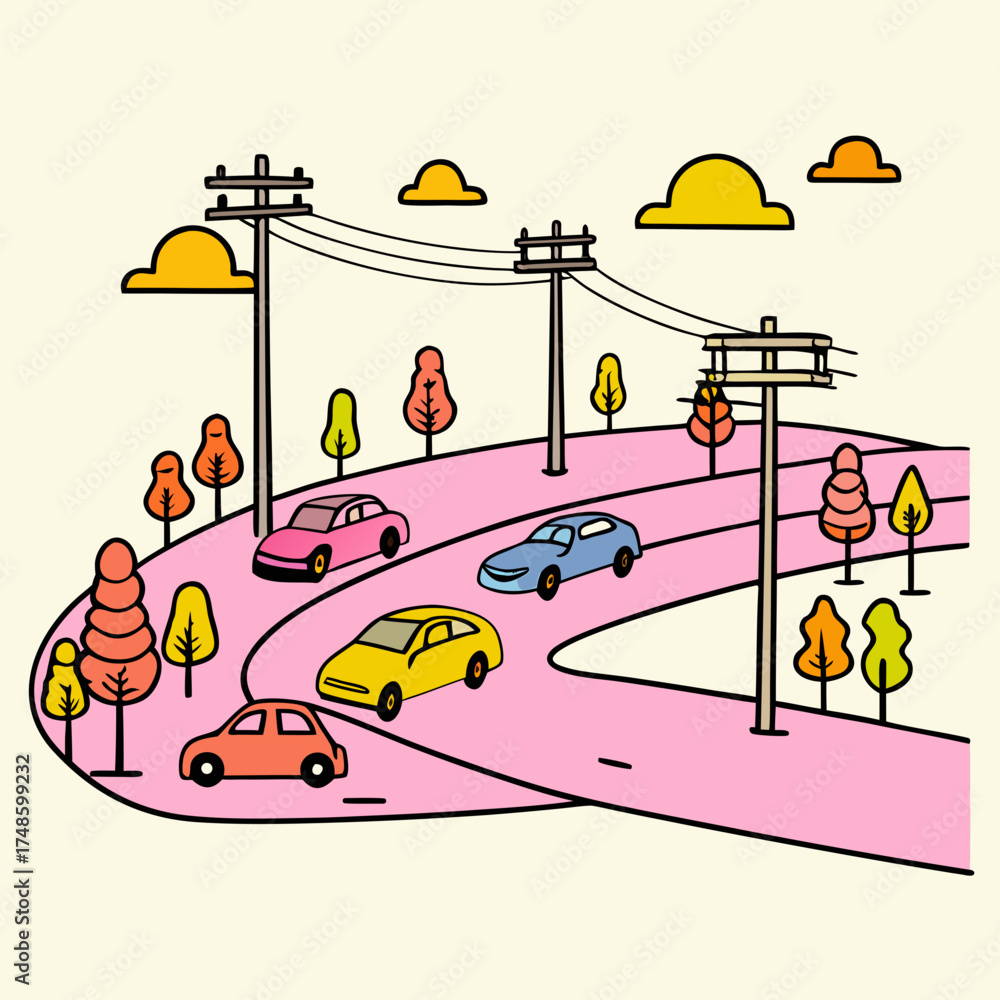 Naklejka premium Cars on a pink road with autumn colored trees and orange clouds Keywords: car, road, driving