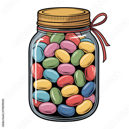 Colorful Jelly Beans in Glass Jar with Ribbon Illustration Sweet Treat and Festive Design Element for Celebrations