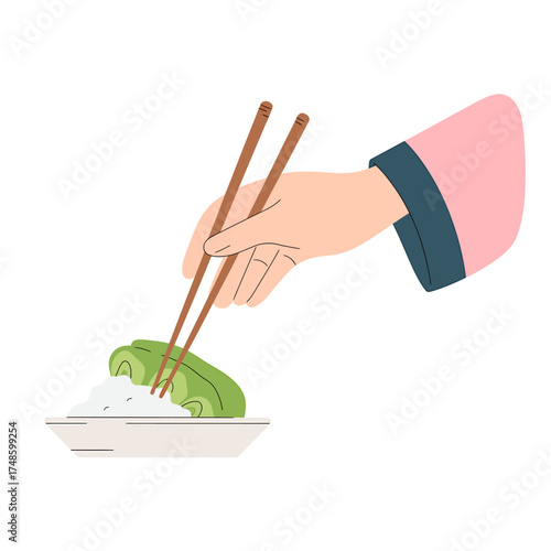 Stylized illustration of a hand using chopsticks to pick up food with rice on a white plate perfect for asian cuisine advertisements