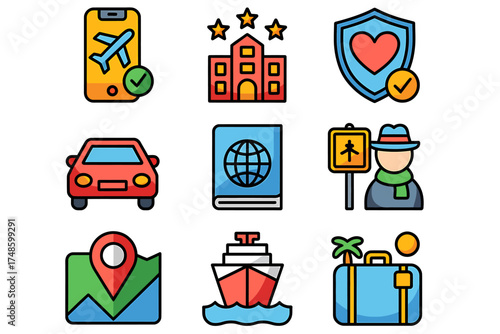 Travel and Tourism Icons Set Representing Flights Accommodations Transportation and Travel Insurance Services for a Smooth and Secure Vacation Planning