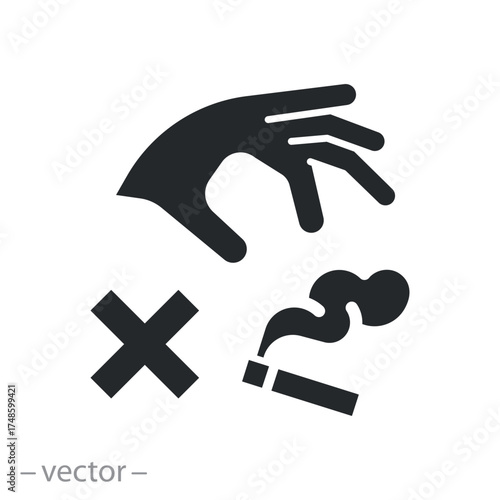 do not throw away cigarette butts icon, no hand throwing a lit cigarette, by law, flat vector illustration