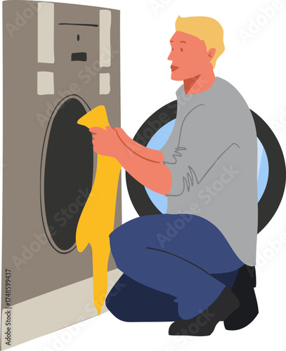 A man is washing clothes in a washing machine. Home laundry room. Vector illustration.