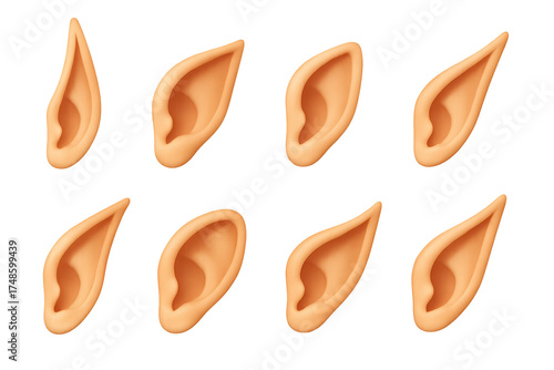 3D Elf Ear Icons. Elf ears styles set of icons in 3D color style: tall pointed ear, short pointed ear, wide curved ear, slender ear, long tapering ear