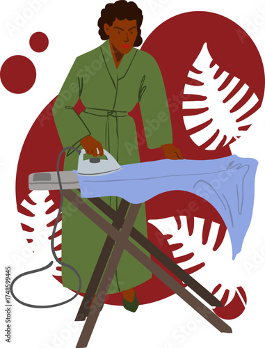 A woman is ironing her clothes. Vector illustration.