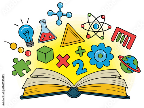 Educational Symbols Emanating from Open Book Cartoon Style Design for Learning and Innovation