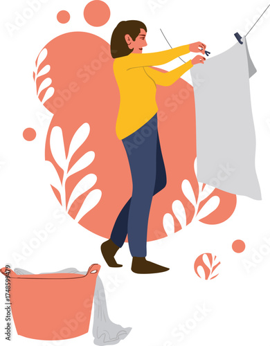 A woman is washing clothes in a washing machine. Vector illustration.