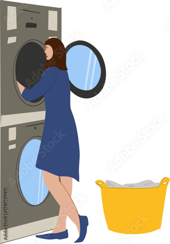 A woman is washing clothes in a washing machine. Home laundry room. Vector illustration.