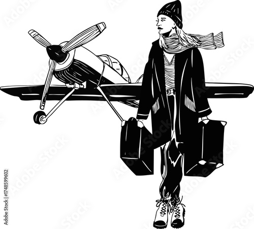 A girl with suitcases in front of a private jet. Vector illustration. Fashion illustration. Perfect for a postcard or poster.