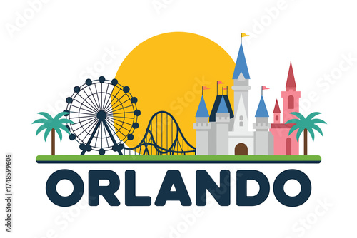 Orlando Florida Cityscape Featuring Theme Park Icons and Sunshine Perfect for Travel and Tourism Promotion