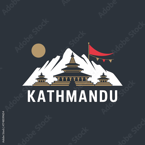 Kathmandu Nepal Scenic Landscape Featuring Mountains Temples Moon and Red Flag Graphic Design Illustration