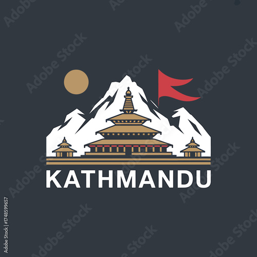 Kathmandu Nepal Illustration with Mountains Pagoda Moon and Flag Perfect for Travel Posters and Souvenirs