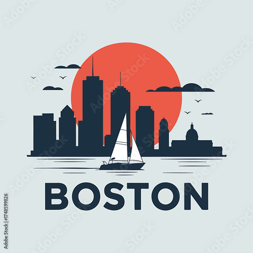 Boston Skyline Silhouette with Sailboat and Sunset Vector Illustration Travel Destination Cityscape Graphic Design Tourist Attraction and Landmark
