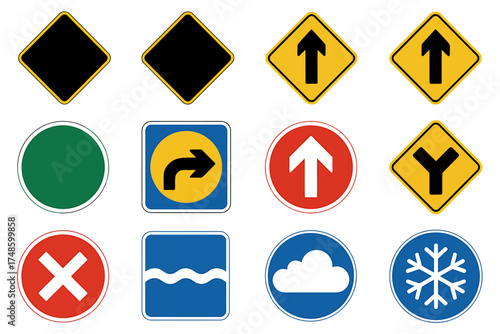 Collection of diverse traffic and warning signs on a white background for safety and awareness featuring regulatory and hazard symbols