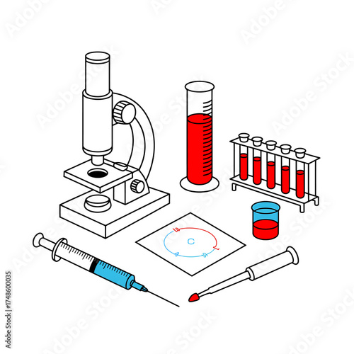Science and Medical Research Illustration with Microscope Syringe and Test Tubes for Pharmaceutical Development and Scientific Discovery