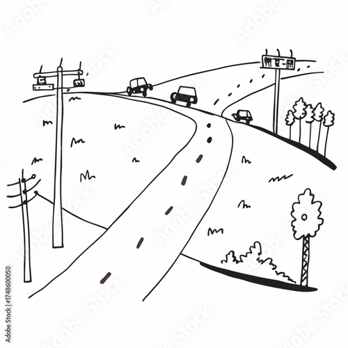 Doodle of a road intersection with cars and trees Keywords: road, highway, intersection, driving