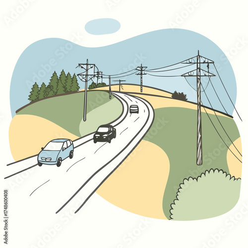 Hand- Drawn Road with Cars and Power Lines in Pastel Colors