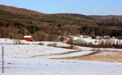 Rural winter landscape in the afternoon with a couple of red barns against a mountain in the background, Tyringham, Massachusetts