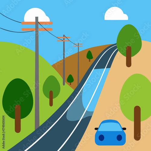 Perspective view of a road with a blue car and stylized trees Keywords: road, highway, street