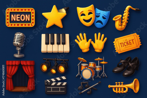 Broadway Icon Extravaganza. Broadway style set of icons in 3D color style: neon marquee, spotlight star, theater masks, saxophone, stage microphone,