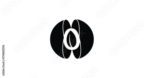 Symmetrical oval geometric shape featuring a split center and curved outer bands isolated on a white background for architectural branding or minimalist modern design identity concepts.