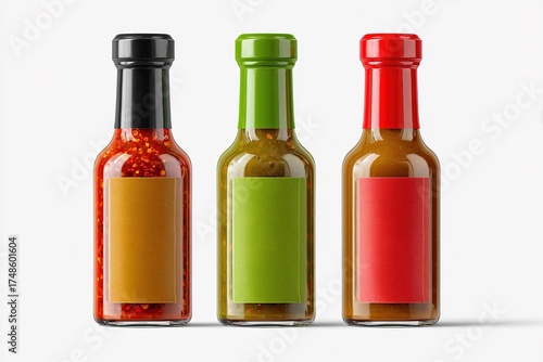 Three colorful condiment bottles with different sauces on a white background for various culinary uses
