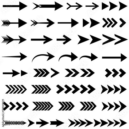 Collection of diverse black arrow icons pointing in various directions and styles on a white background