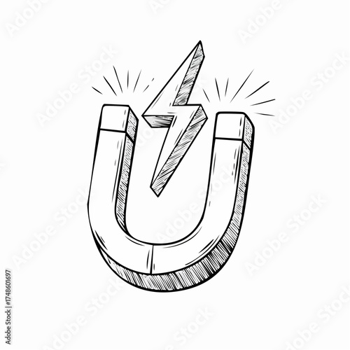 Black outline doodle of a horseshoe magnet with a stylized lightning bolt indicating magnetic force 